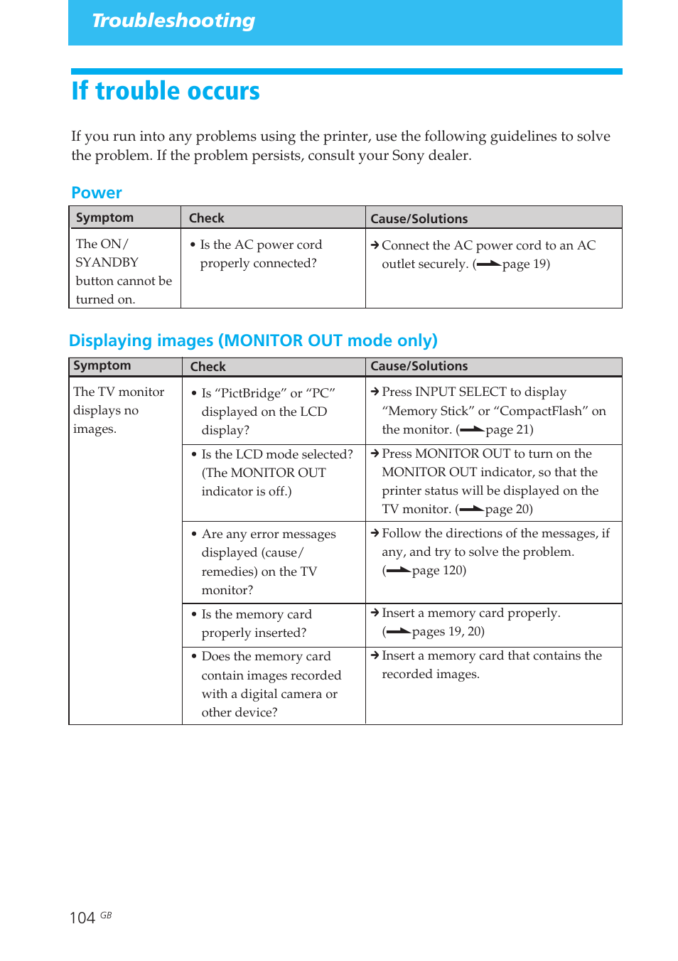 Troubleshooting, If trouble occurs, Power | Displaying images (monitor out mode only) | Sony DPP-EX50 User Manual | Page 104 / 144