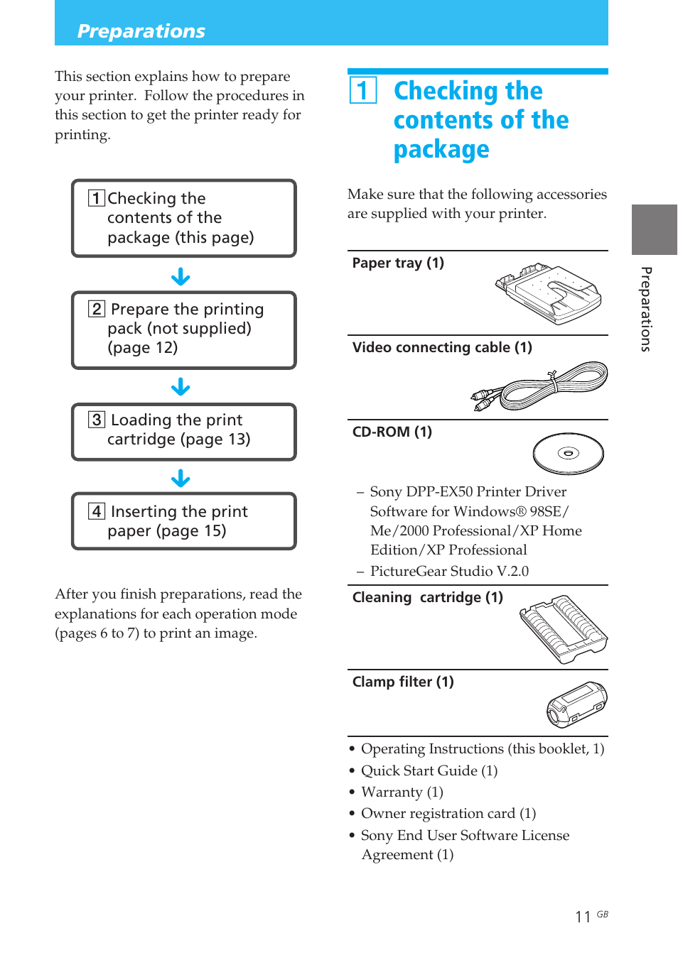 Preparations, 1 checking the contents of the package, Supplied accessories | Checking the contents of the package, 1checking the contents of the package | Sony DPP-EX50 User Manual | Page 11 / 144