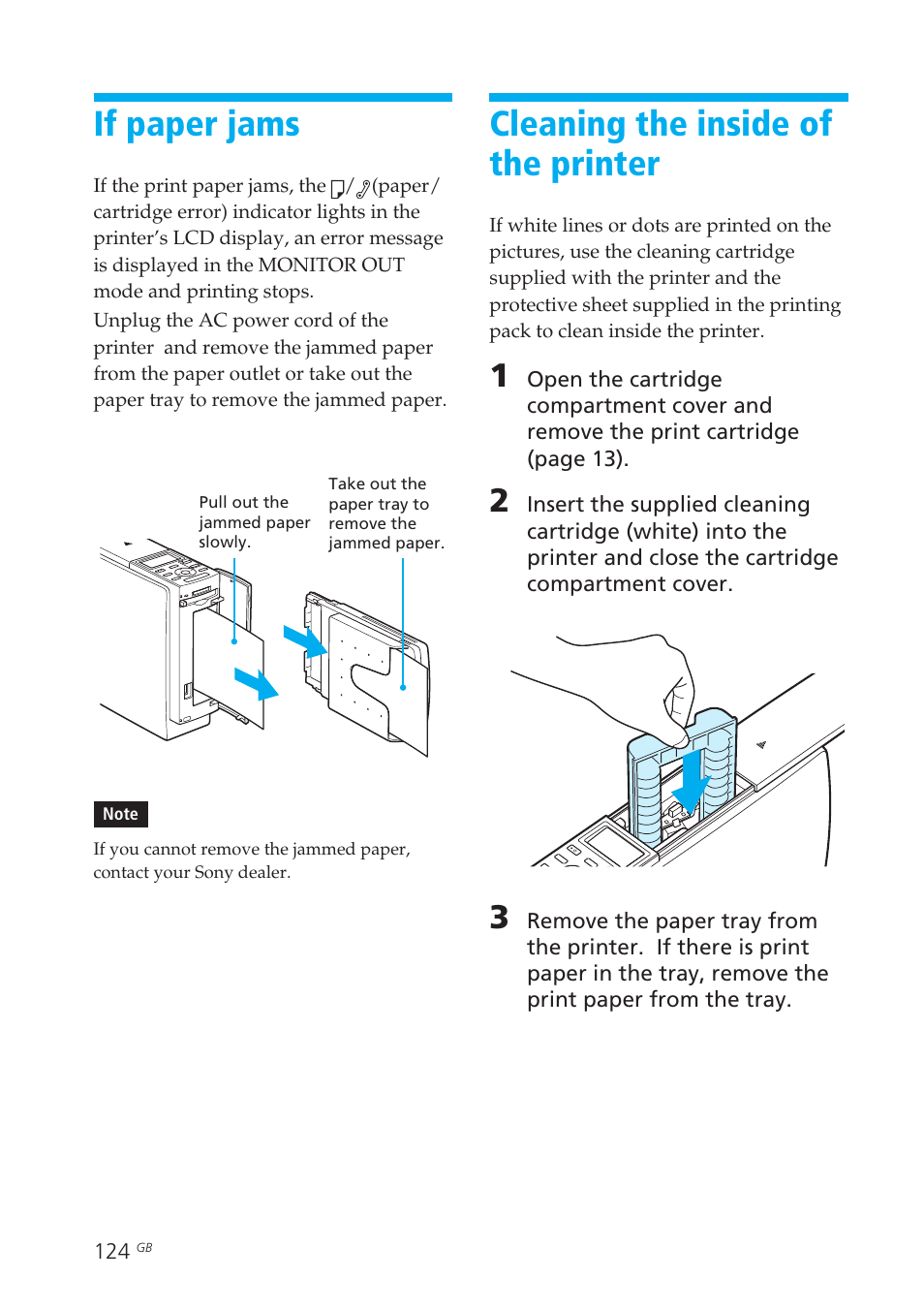 If paper jams, Cleaning the inside of the printer, Inside the printer | Paper jams | Sony DPP-EX50 User Manual | Page 124 / 144