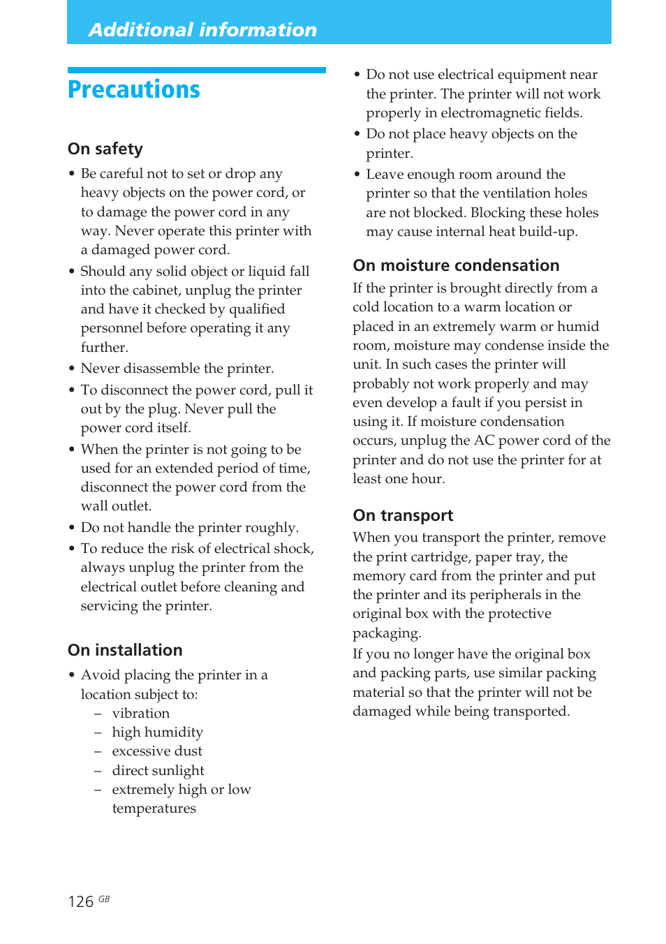 Additional information, Precautions, Moisture condensation | Transport | Sony DPP-EX50 User Manual | Page 126 / 144