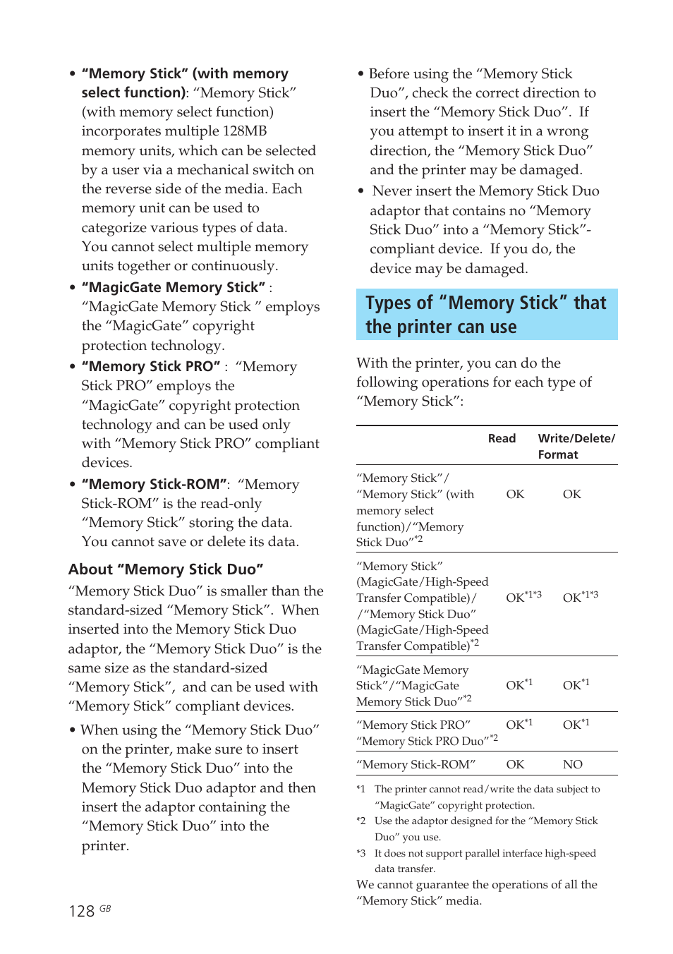 Types of “memory stick” that the printer can use | Sony DPP-EX50 User Manual | Page 128 / 144