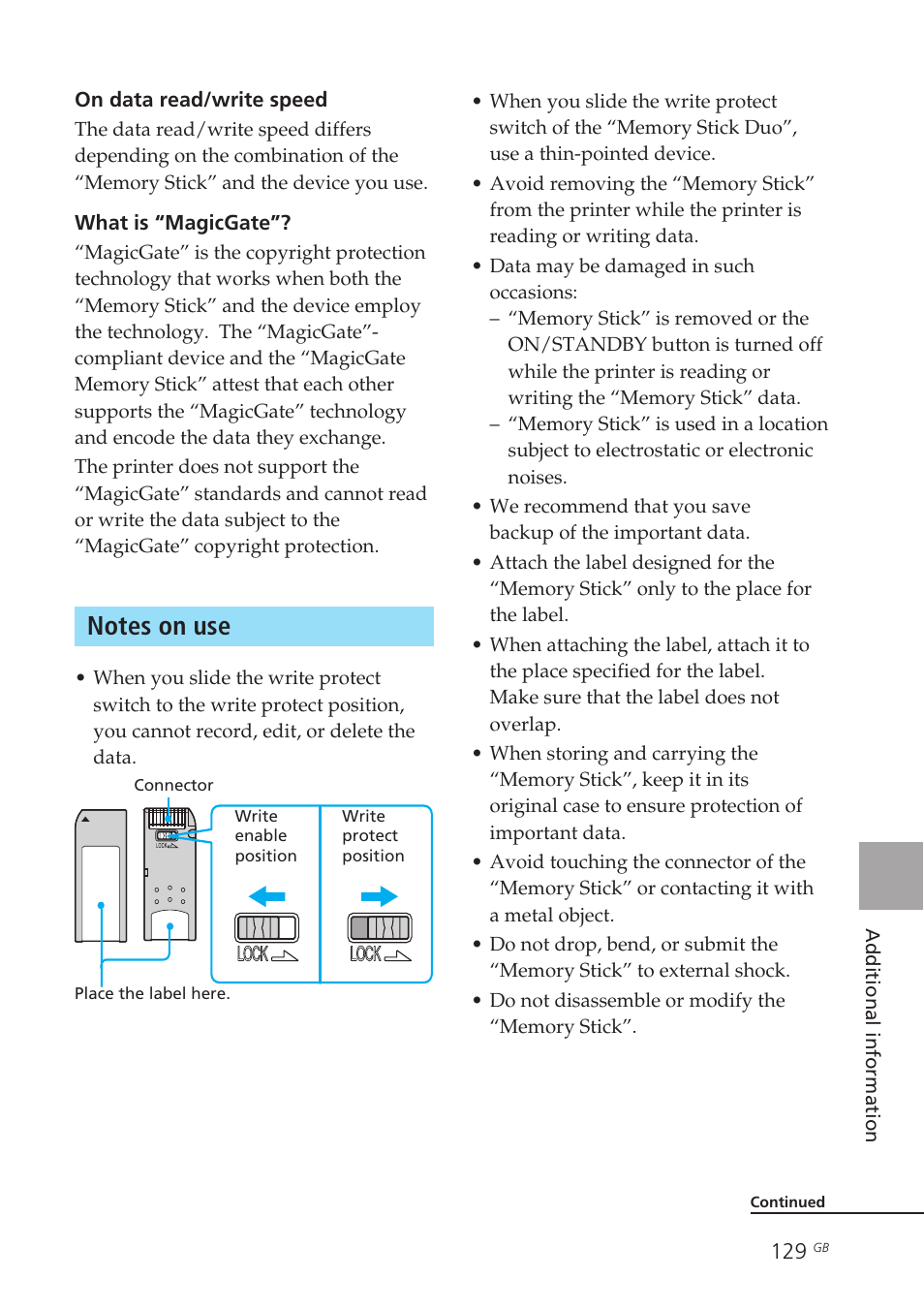 Notes on use, Note on use, Write protect | Sony DPP-EX50 User Manual | Page 129 / 144