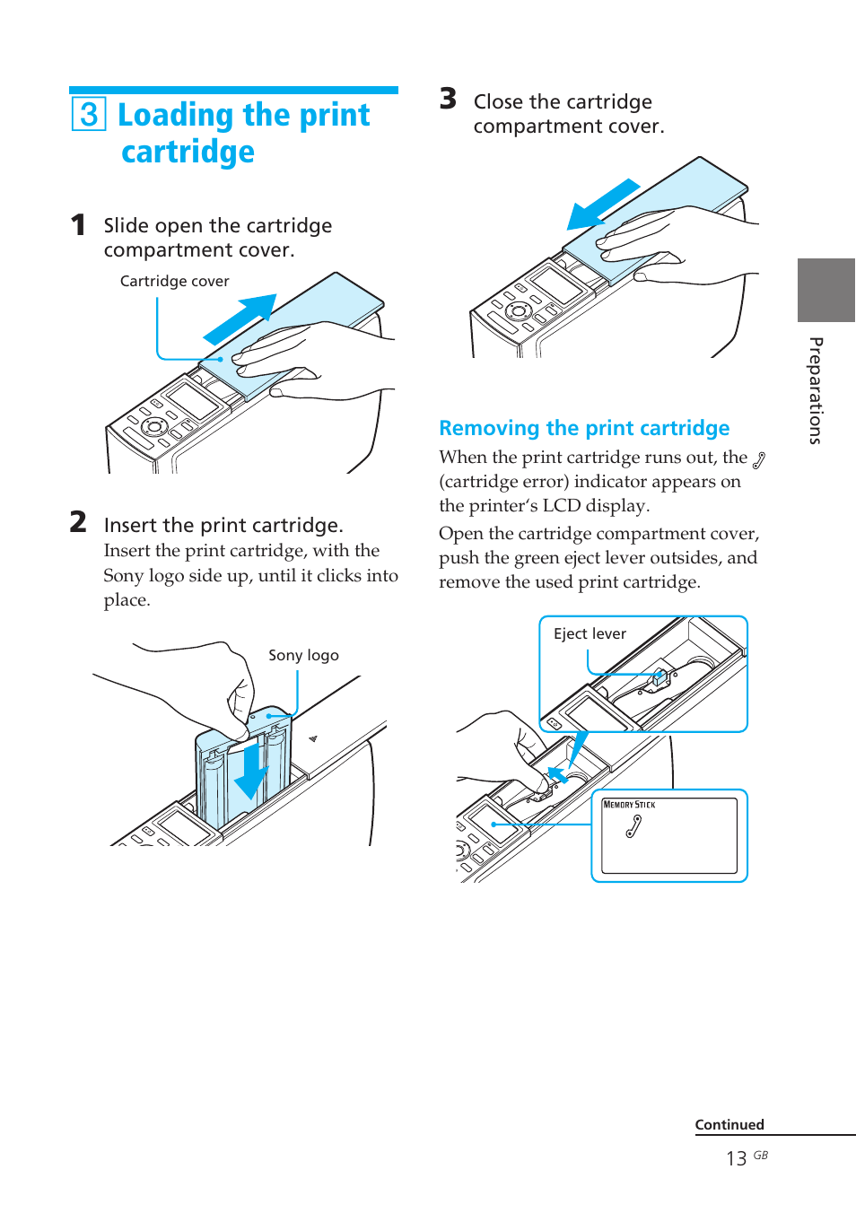 3 loading the print cartridge, Cartridge compartment cover, Eject lever | Print cartridge, Loading the print cartridge, 3loading the print cartridge | Sony DPP-EX50 User Manual | Page 13 / 144