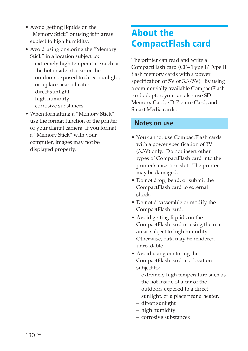 About the compactflash card, Notes on use, Notes | Types | Sony DPP-EX50 User Manual | Page 130 / 144