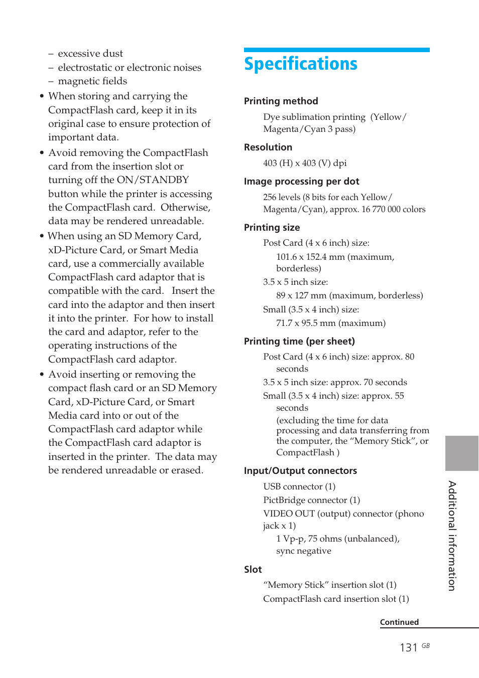 Specifications | Sony DPP-EX50 User Manual | Page 131 / 144