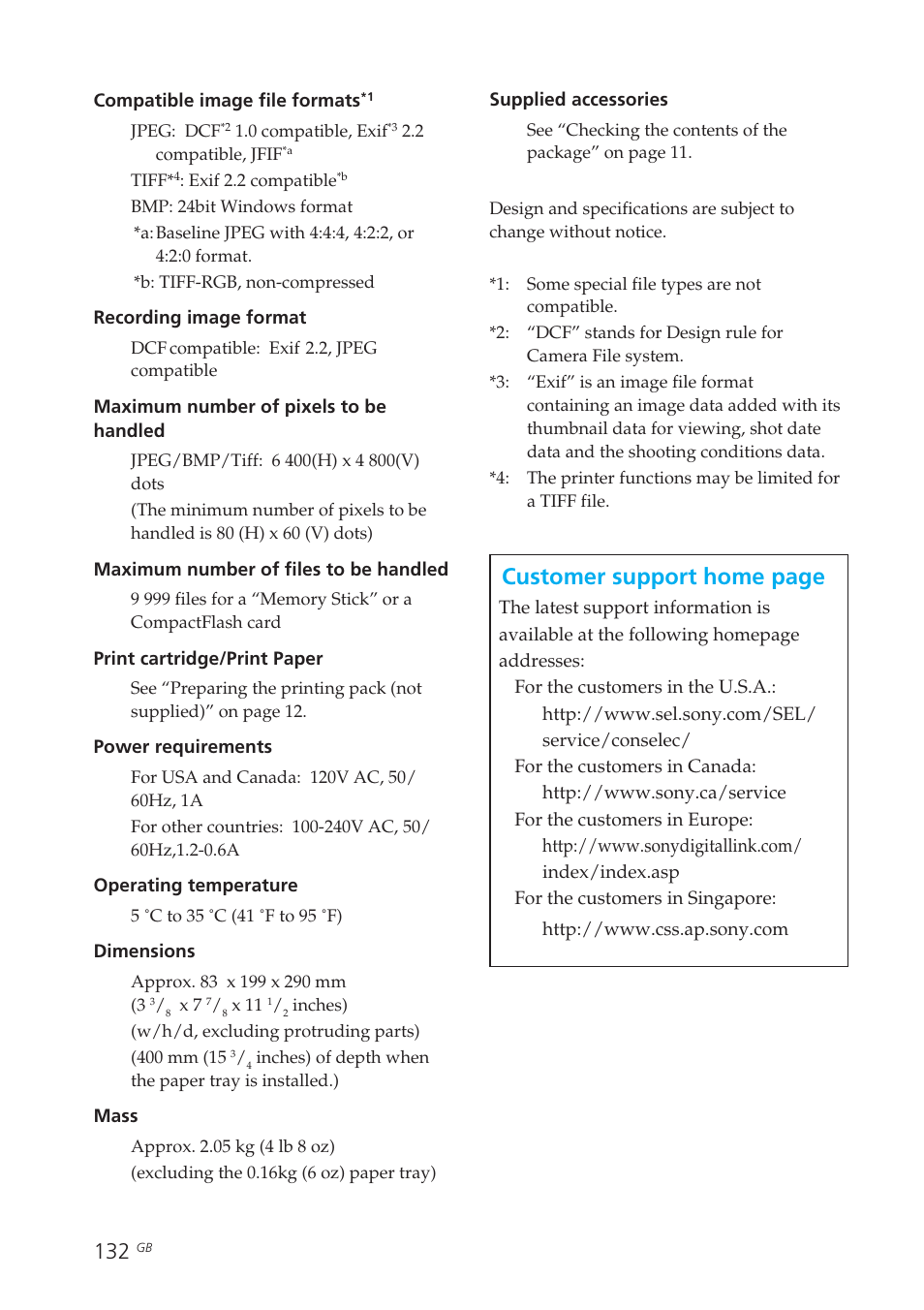 Printing range, Customer support home page | Sony DPP-EX50 User Manual | Page 132 / 144