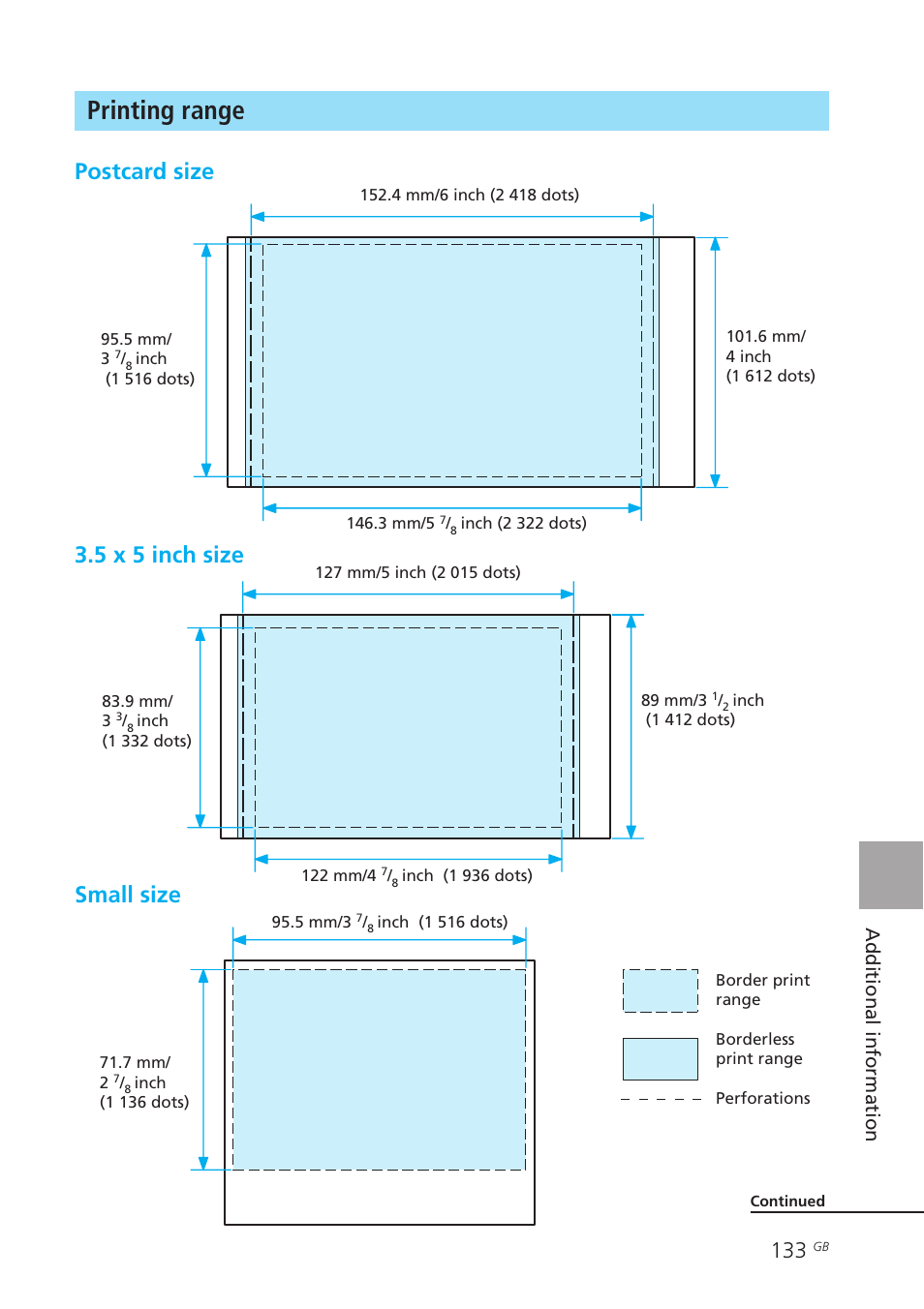 Printing range, Postcard size 3.5 x 5 inch size small size, Additional information | Sony DPP-EX50 User Manual | Page 133 / 144