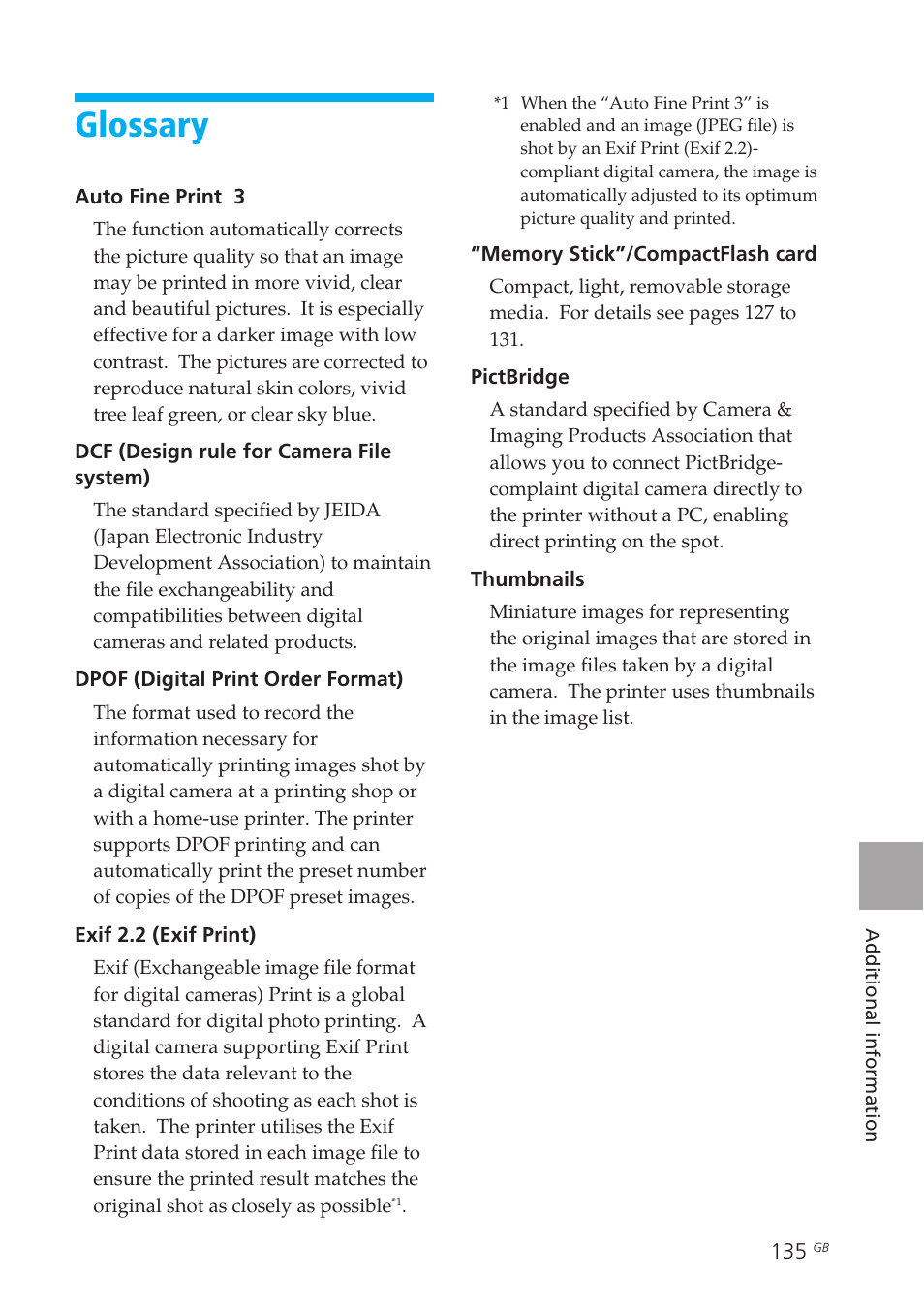 Glossary, Thumbnails | Sony DPP-EX50 User Manual | Page 135 / 144