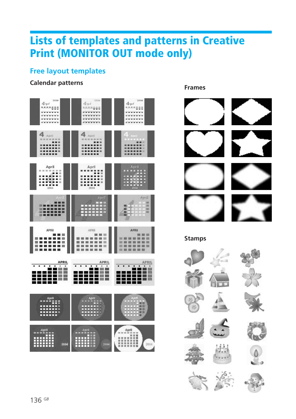 Templates, Lists of templates and patterns in, Creative print (monitor out mode only) | Sony DPP-EX50 User Manual | Page 136 / 144