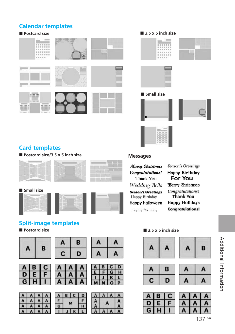 Calendar templates, Split-image templates, Card templates | Sony DPP-EX50 User Manual | Page 137 / 144