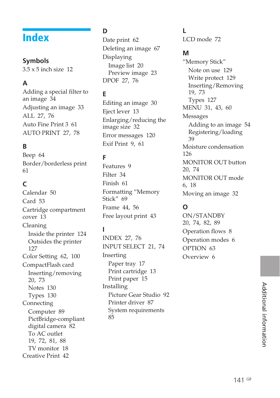 Index, Symbols, Cleaning | Compactflash card, Connecting, Displaying, Inserting, Installing, Memory stick, Messages | Sony DPP-EX50 User Manual | Page 141 / 144