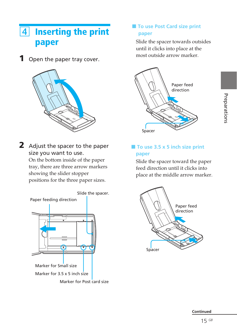 4 inserting the print paper, Print paper, Paper tray | Printing surface, Spacer, Inserting the print paper, 4inserting the print paper | Sony DPP-EX50 User Manual | Page 15 / 144