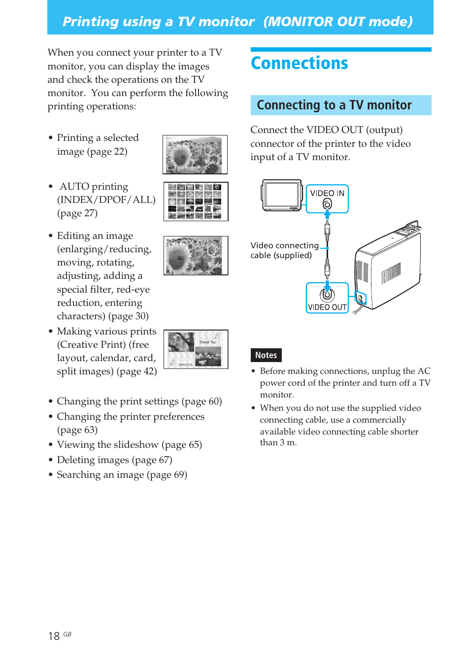 Printing using a tv monitor (monitor out mode), Connections, Connecting to a tv monitor | Tv monitor, Video out connector, Printing using a tv monitor, Monitor out mode) | Sony DPP-EX50 User Manual | Page 18 / 144