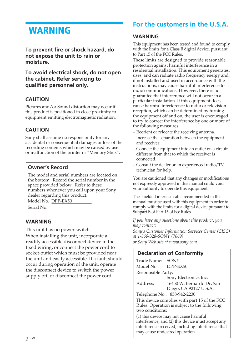 Warning, For the customers in the u.s.a | Sony DPP-EX50 User Manual | Page 2 / 144