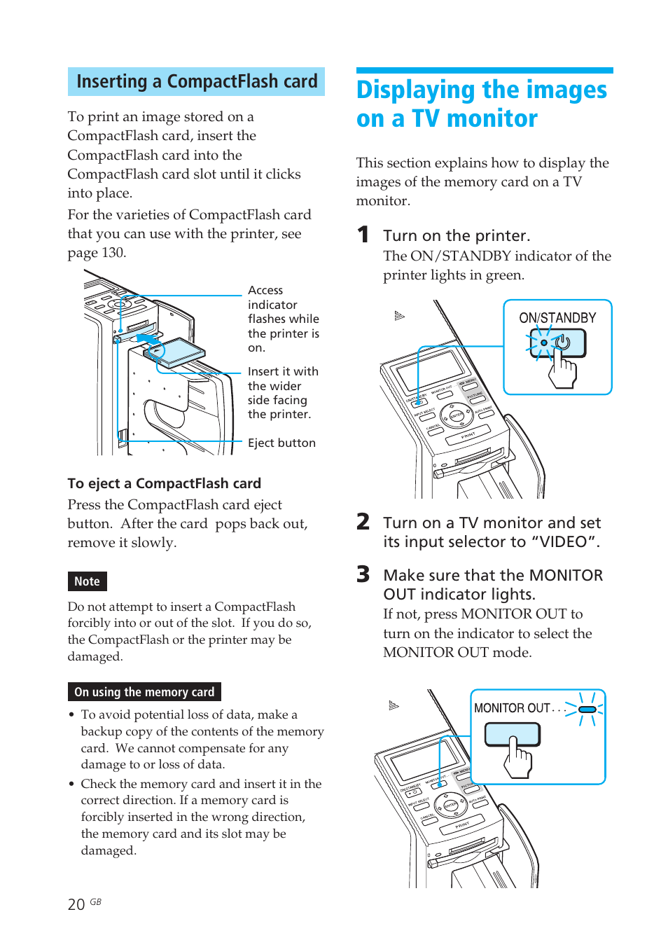 Inserting a compactflash card, Displaying the images on a tv monitor, Inserting/removing | Image list, Monitor out button, On/standby, Displaying the images on a, Tv monitor | Sony DPP-EX50 User Manual | Page 20 / 144