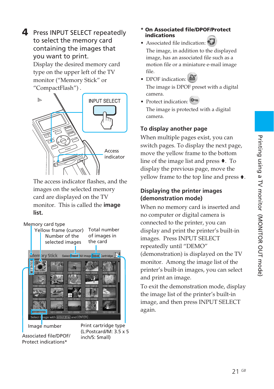 Input select | Sony DPP-EX50 User Manual | Page 21 / 144