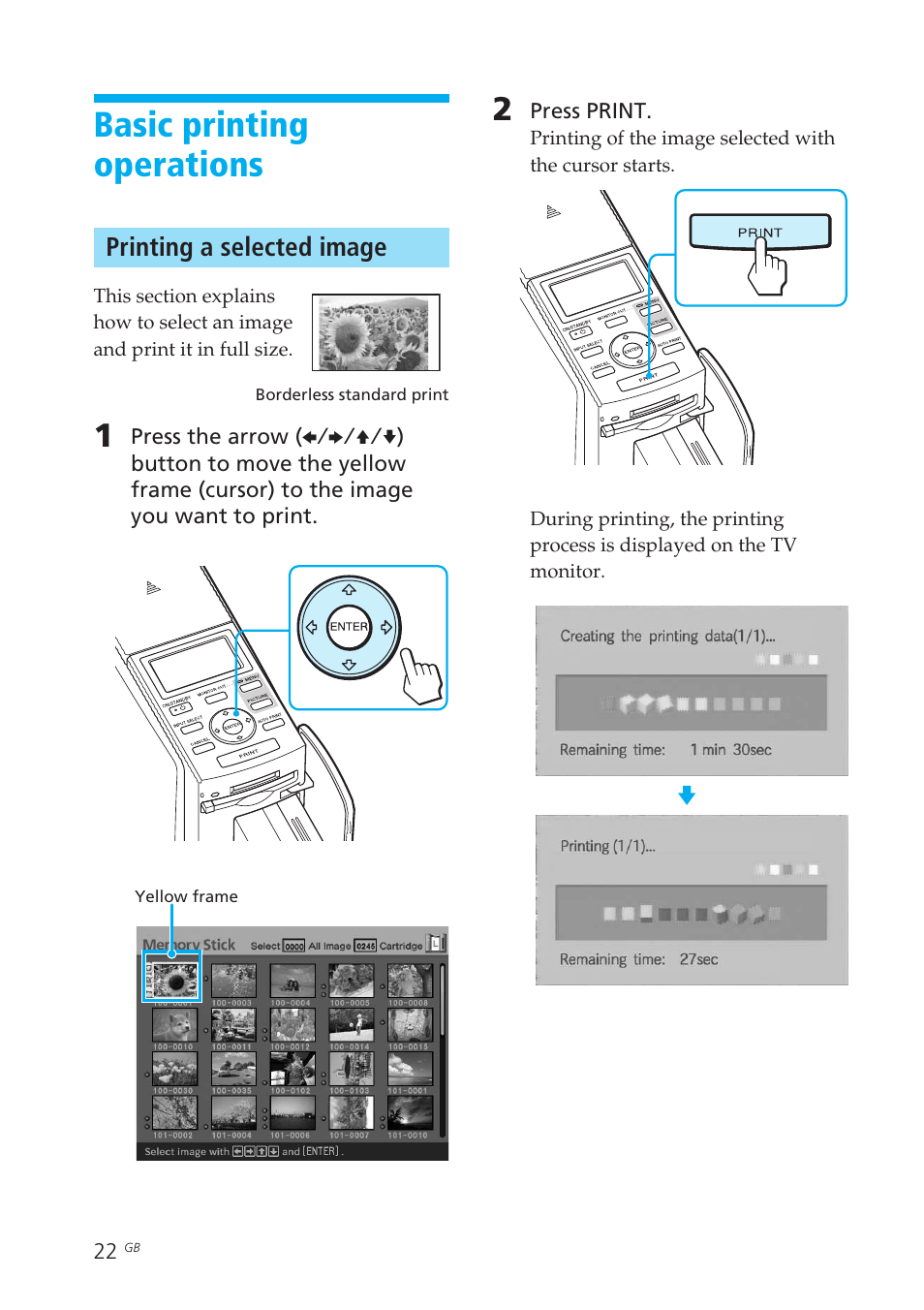 Basic printing operations, Printing a selected image, A selected image | Sony DPP-EX50 User Manual | Page 22 / 144