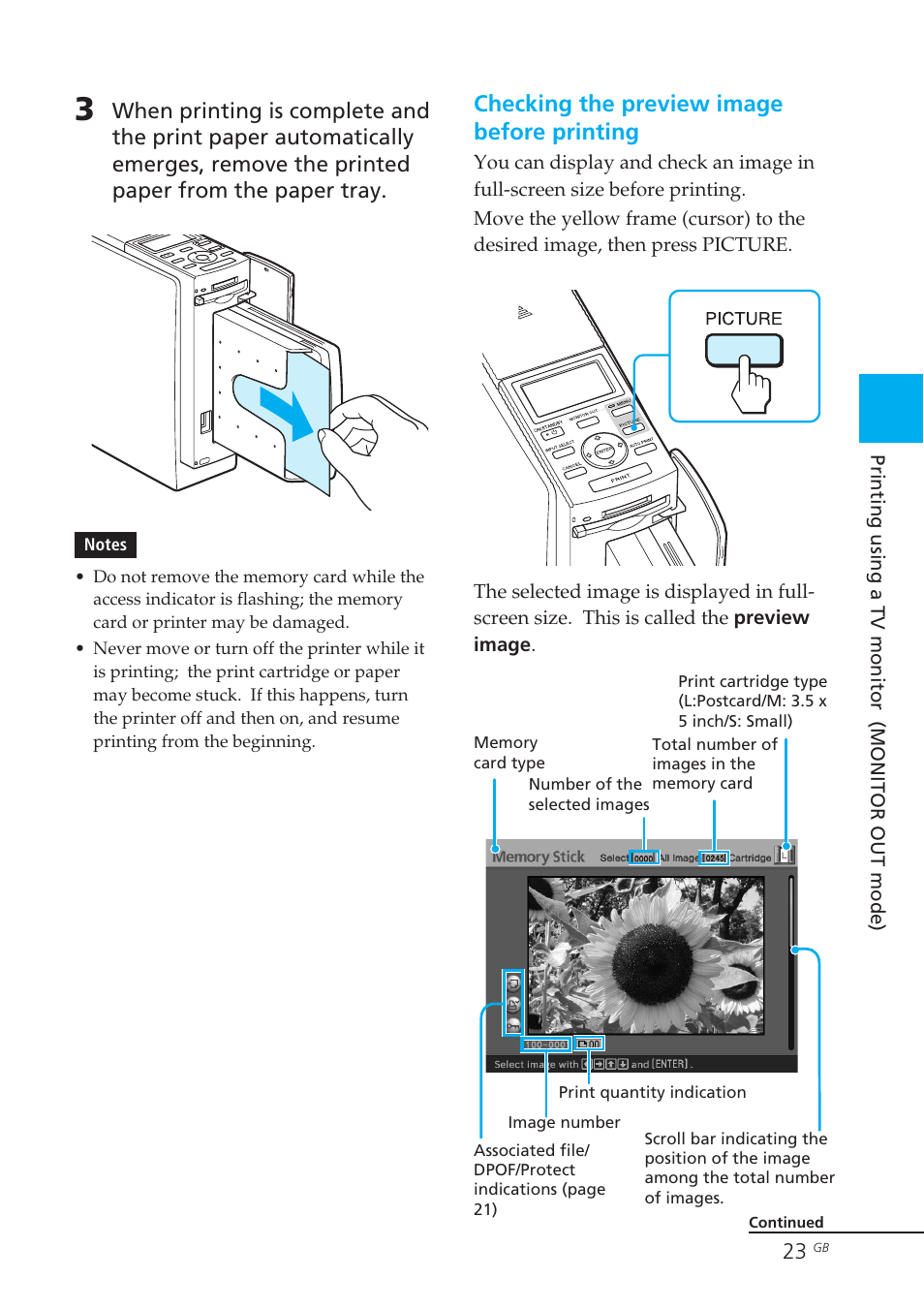 Preview image, Picture, Checking the preview image before printing | Sony DPP-EX50 User Manual | Page 23 / 144