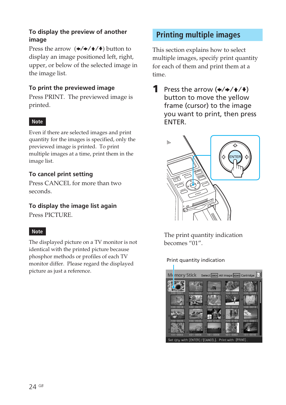 Printing multiple images, Multiple images | Sony DPP-EX50 User Manual | Page 24 / 144