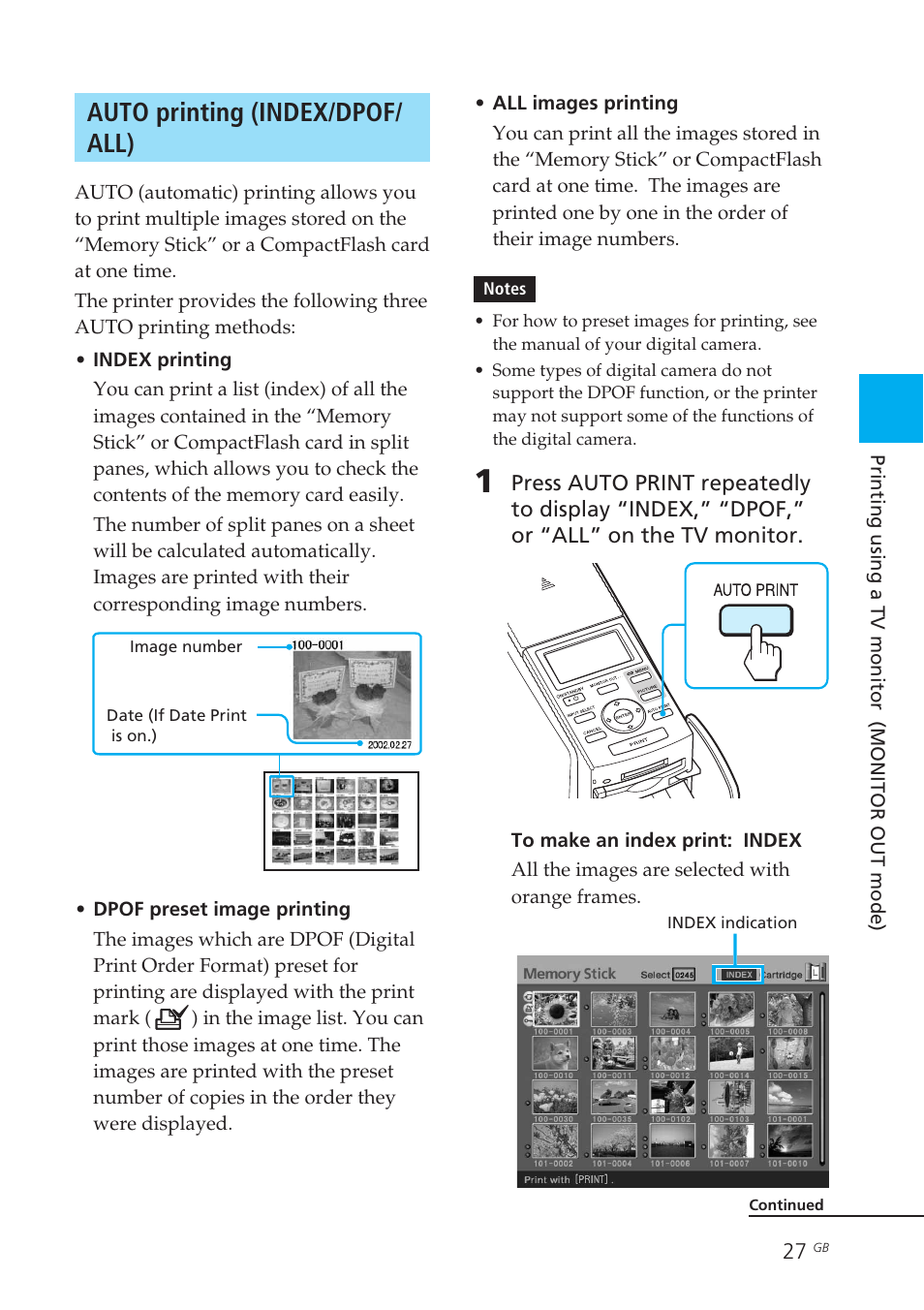 Auto printing (index/dpof/all), Auto print, Dpof | Index, All images, Dpof images, Index images, Auto printing (index/dpof/ all) | Sony DPP-EX50 User Manual | Page 27 / 144