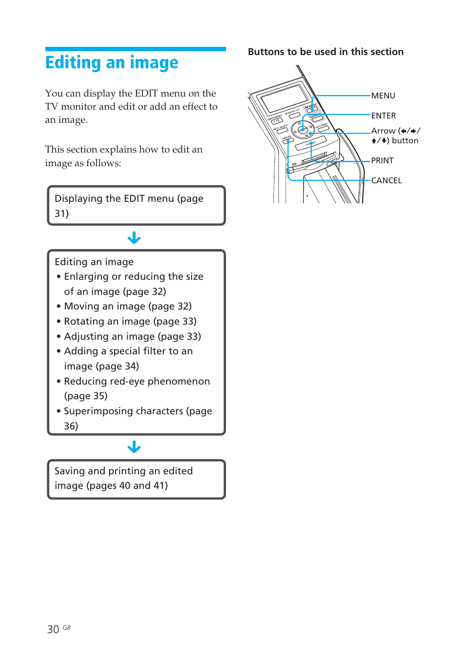 Editing an image | Sony DPP-EX50 User Manual | Page 30 / 144