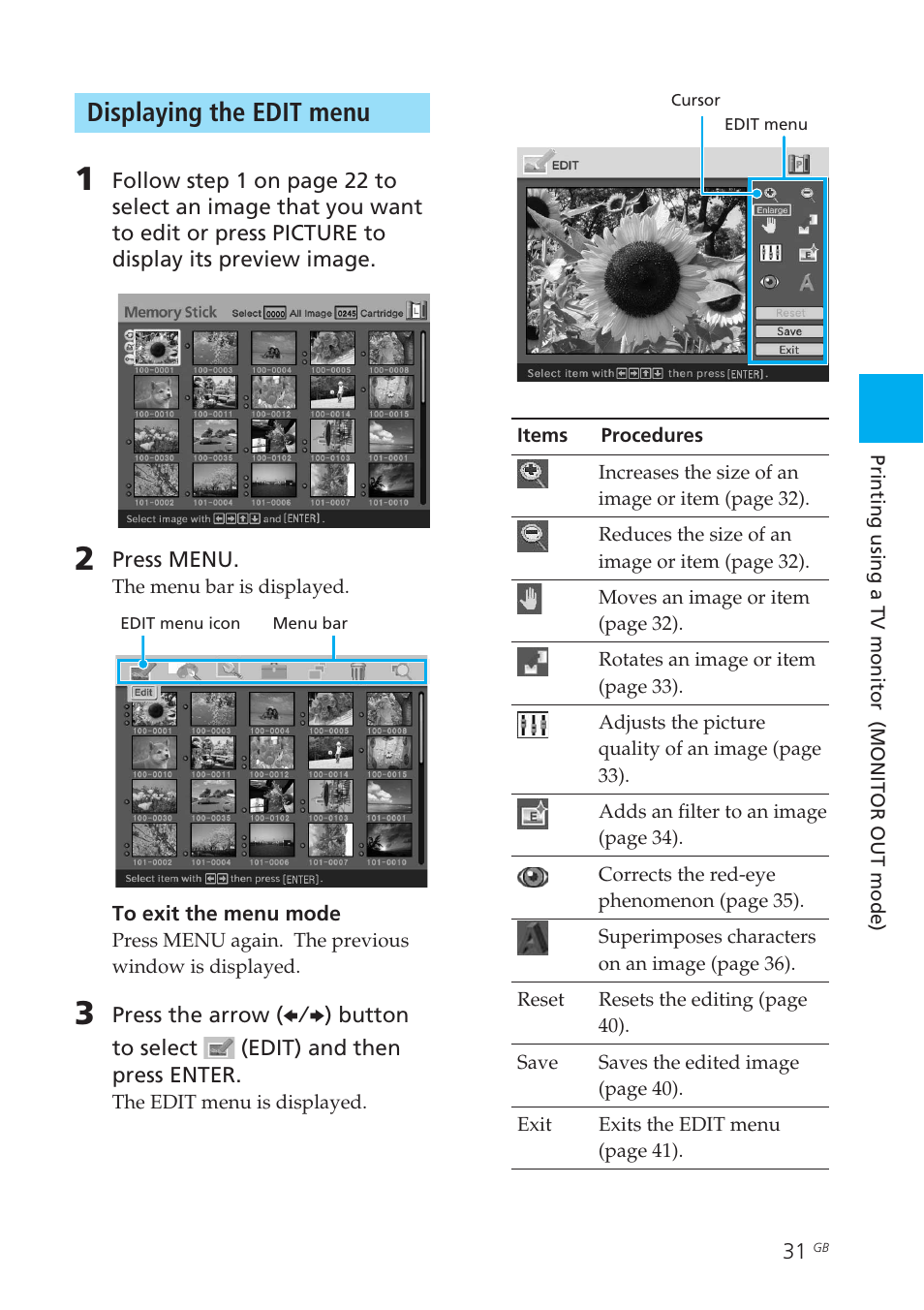 Displaying the edit menu, Menu | Sony DPP-EX50 User Manual | Page 31 / 144