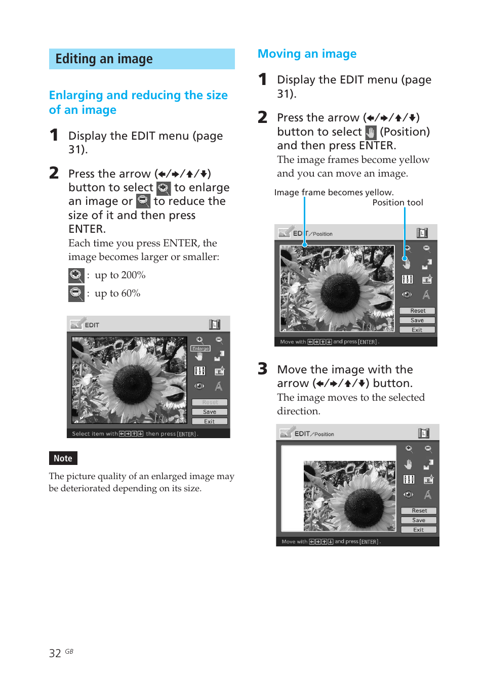 Editing an image, Enlarging/reducing the image size, Moving an image | Sony DPP-EX50 User Manual | Page 32 / 144