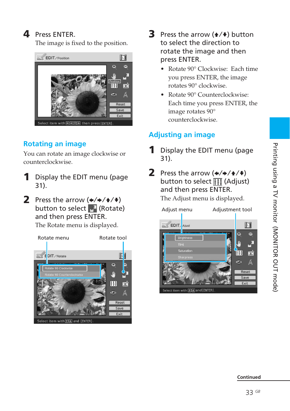 Adjusting an image, Rotating an image | Sony DPP-EX50 User Manual | Page 33 / 144