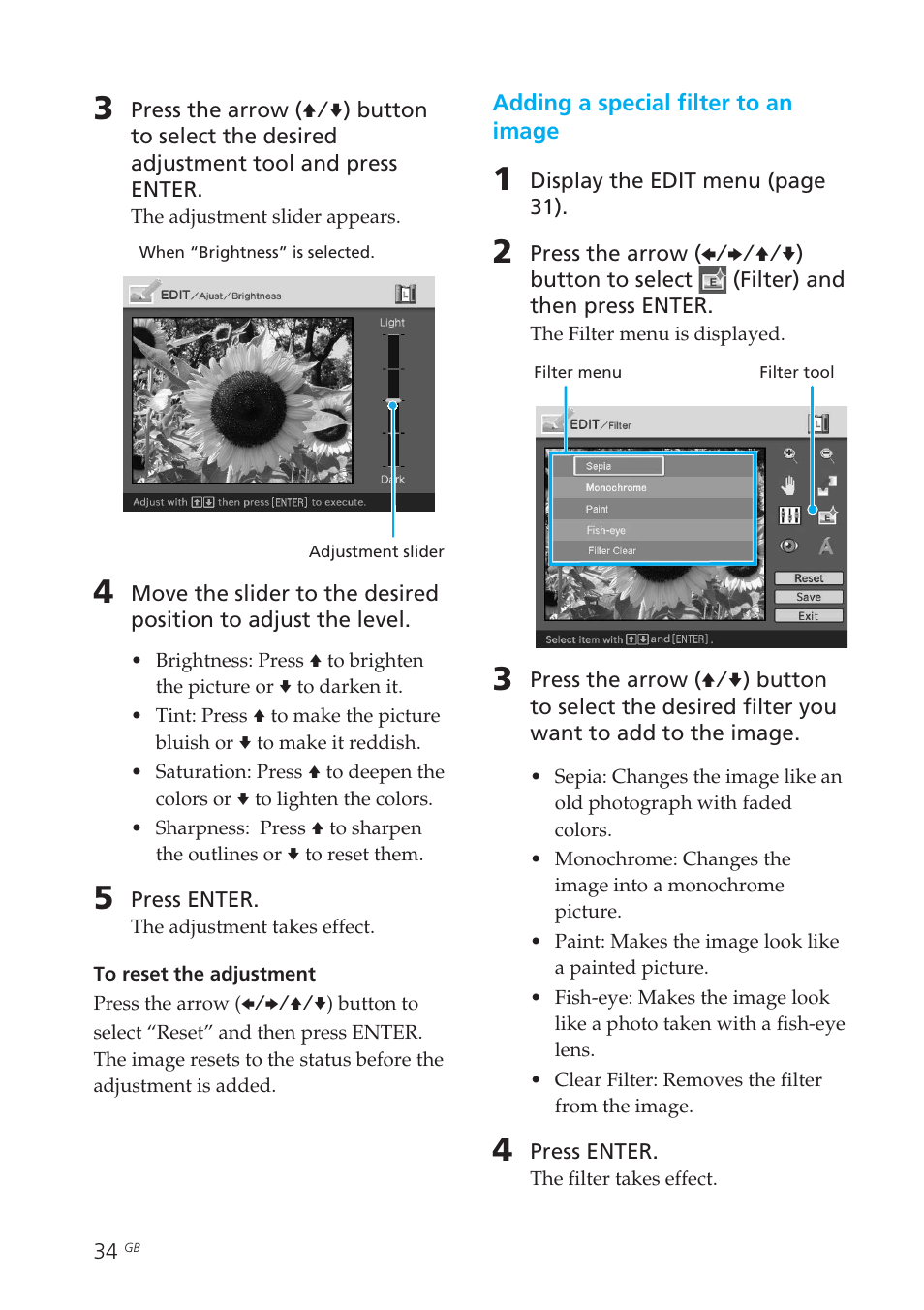 Adding a special filter to an image, Filter | Sony DPP-EX50 User Manual | Page 34 / 144