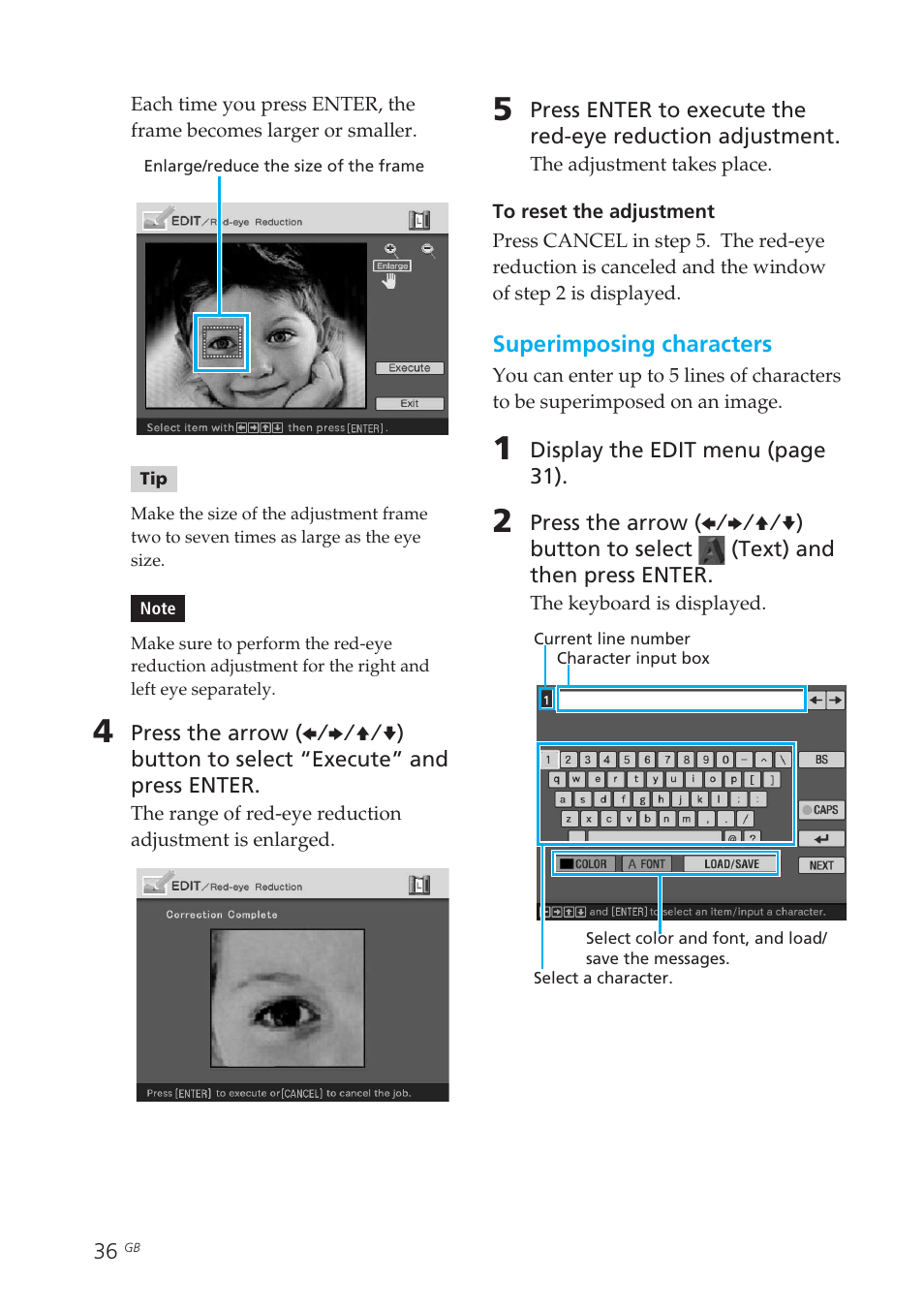 Superimposing characters | Sony DPP-EX50 User Manual | Page 36 / 144