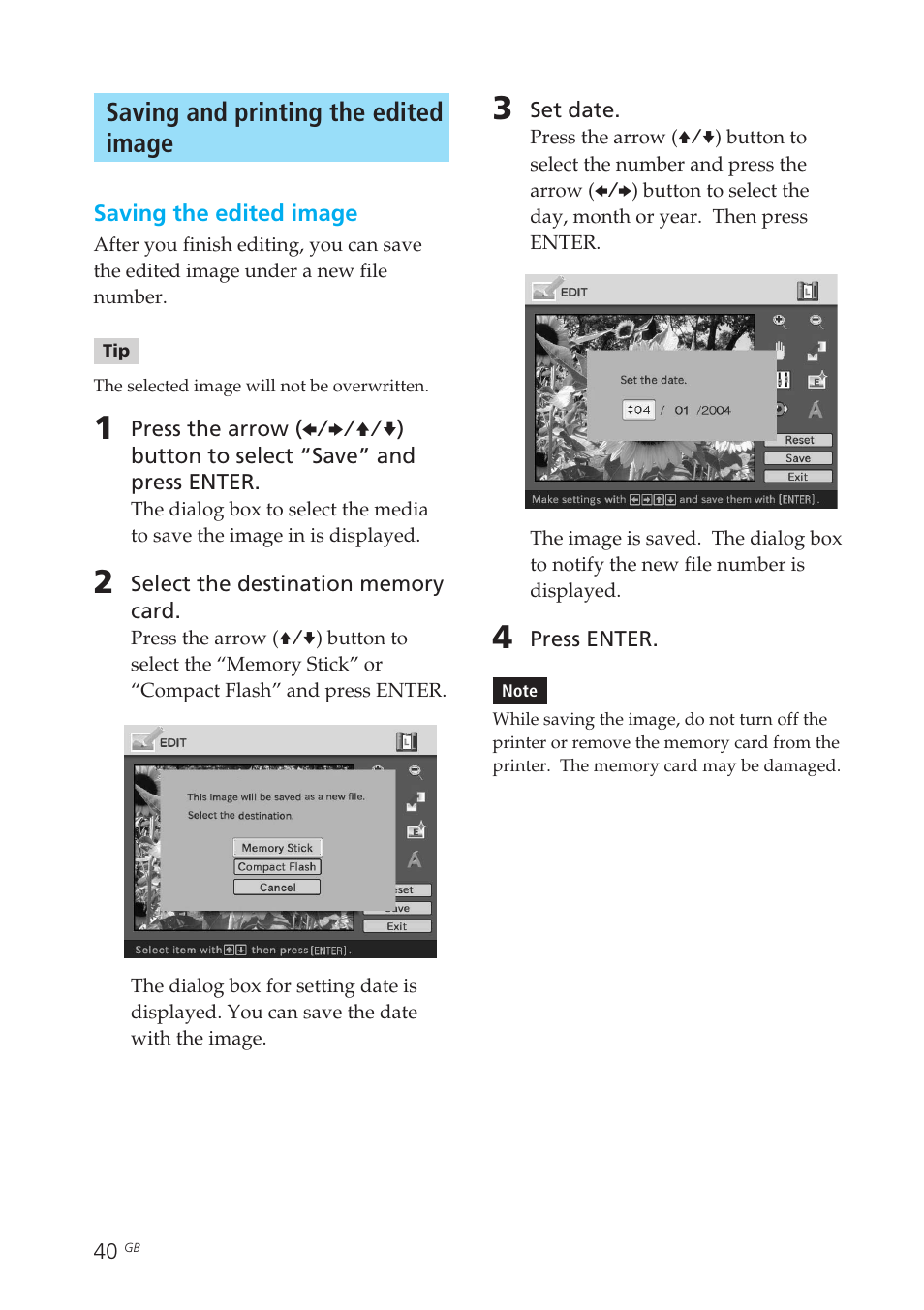 Saving and printing the edited image, Saving an image | Sony DPP-EX50 User Manual | Page 40 / 144