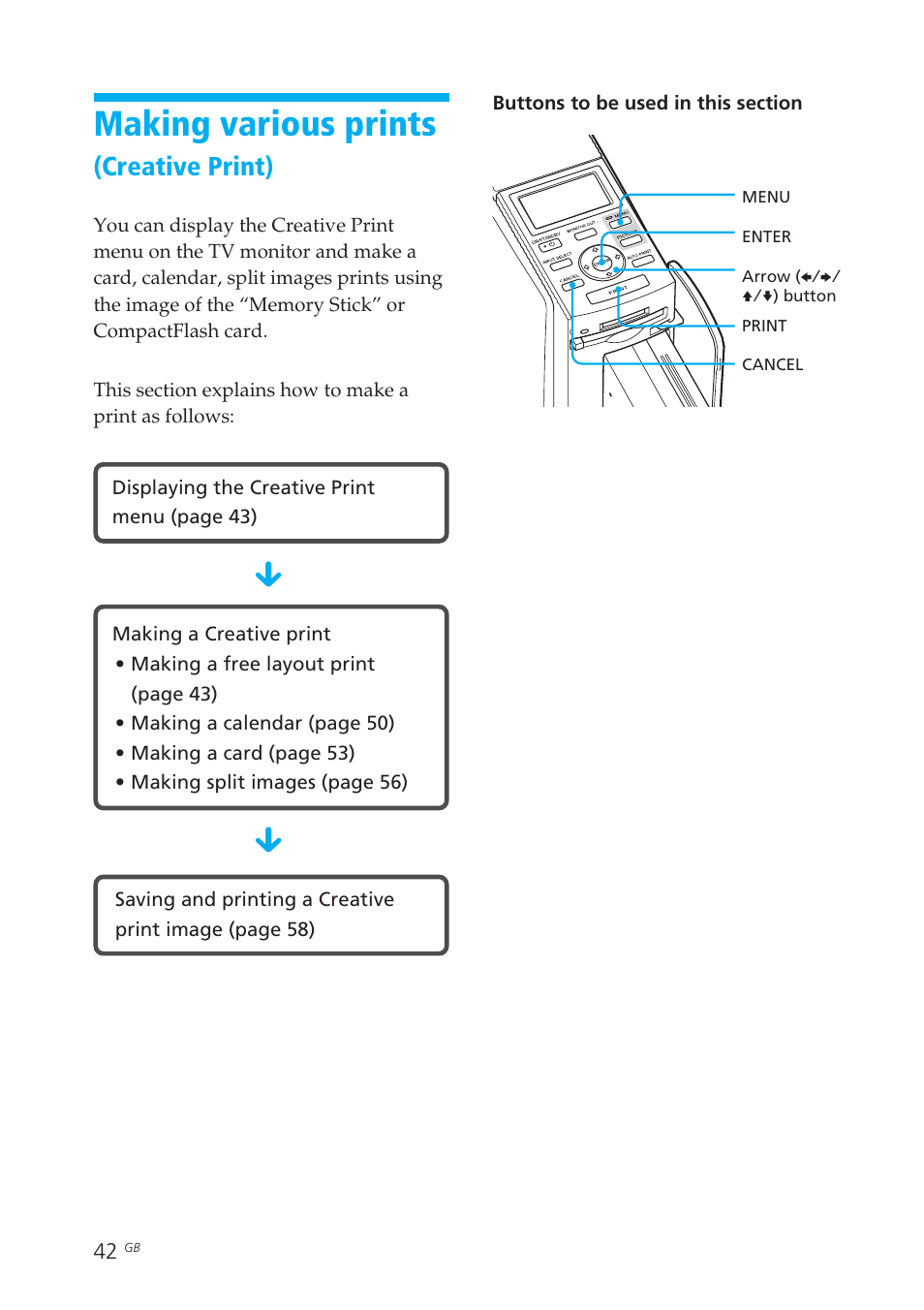 Making various prints (creative print), Creative print, Making various prints | Creative print) | Sony DPP-EX50 User Manual | Page 42 / 144