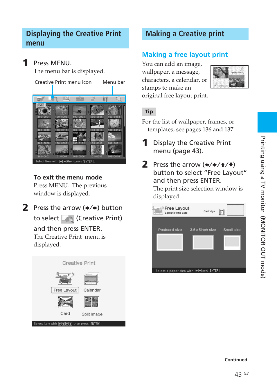 Displaying the creative print menu, Making a creative print, Free layout print | Sony DPP-EX50 User Manual | Page 43 / 144