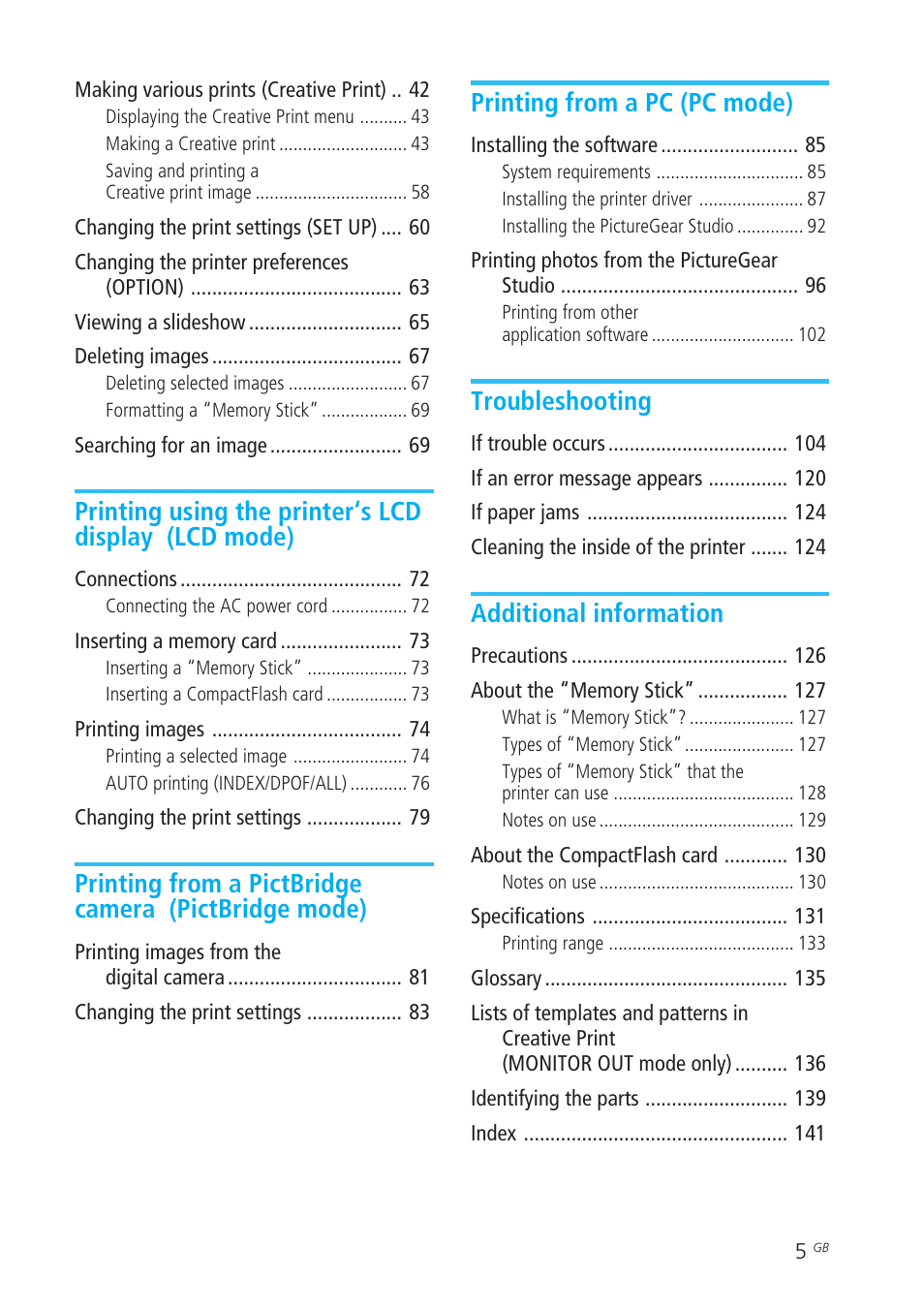 Printing from a pc (pc mode), Troubleshooting, Additional information | Sony DPP-EX50 User Manual | Page 5 / 144