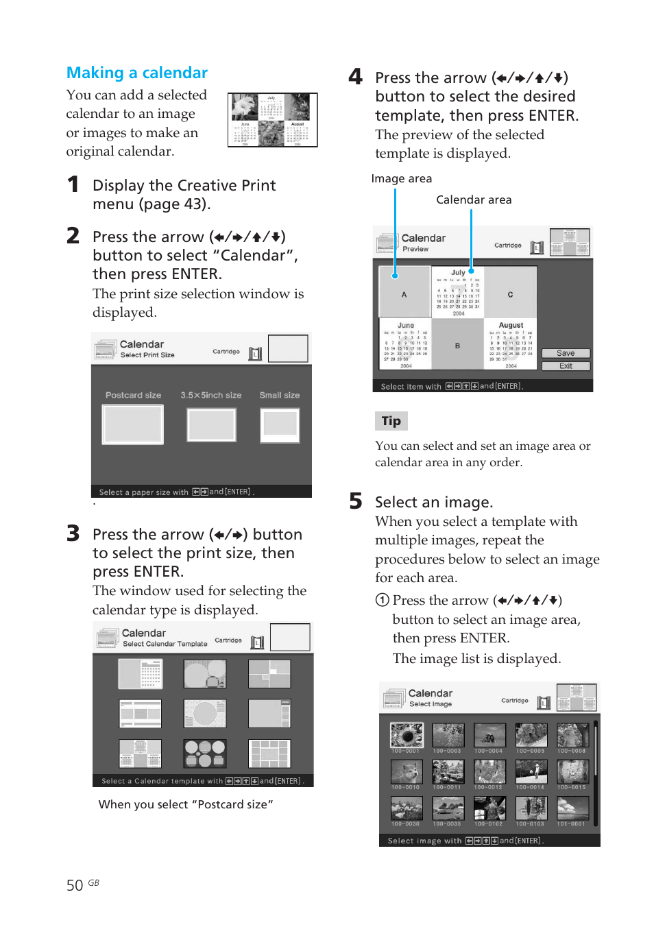 Calendar | Sony DPP-EX50 User Manual | Page 50 / 144