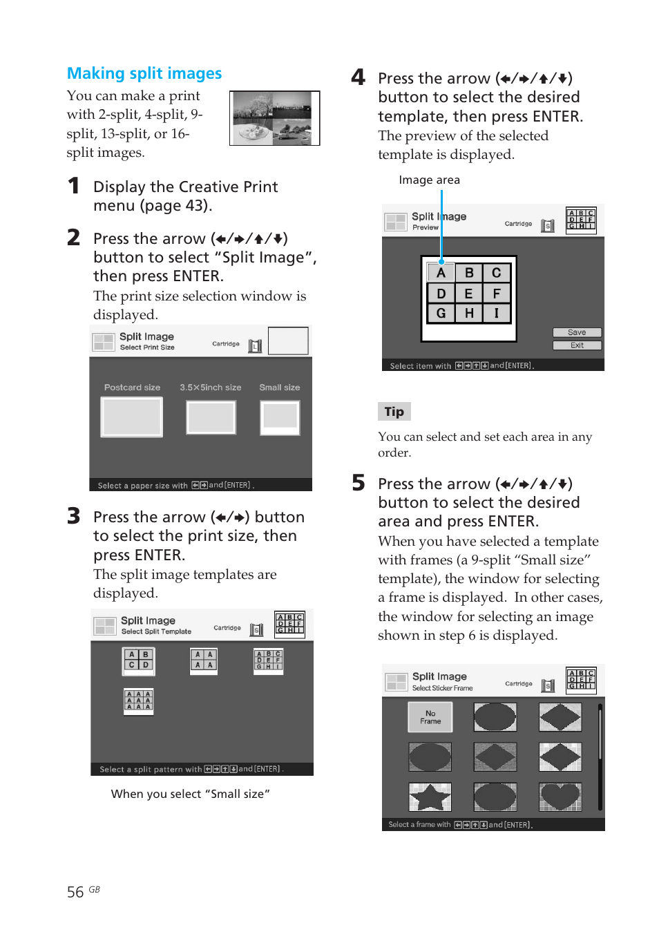 Split image, Split images | Sony DPP-EX50 User Manual | Page 56 / 144