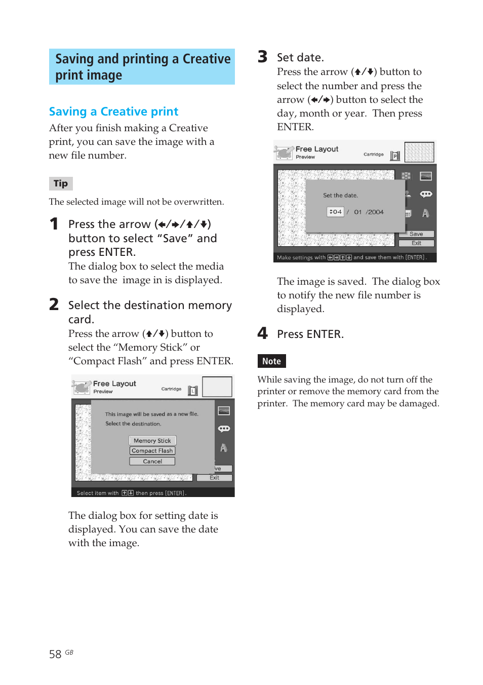Saving and printing a creative print image | Sony DPP-EX50 User Manual | Page 58 / 144
