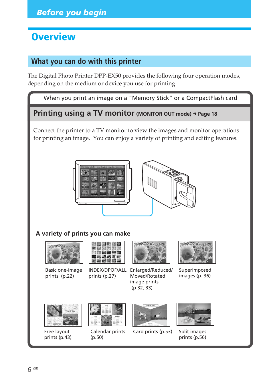 Before you begin, Overview, What you can do with this printer | Monitor out mode, Operation modes, Printing using a tv monitor | Sony DPP-EX50 User Manual | Page 6 / 144