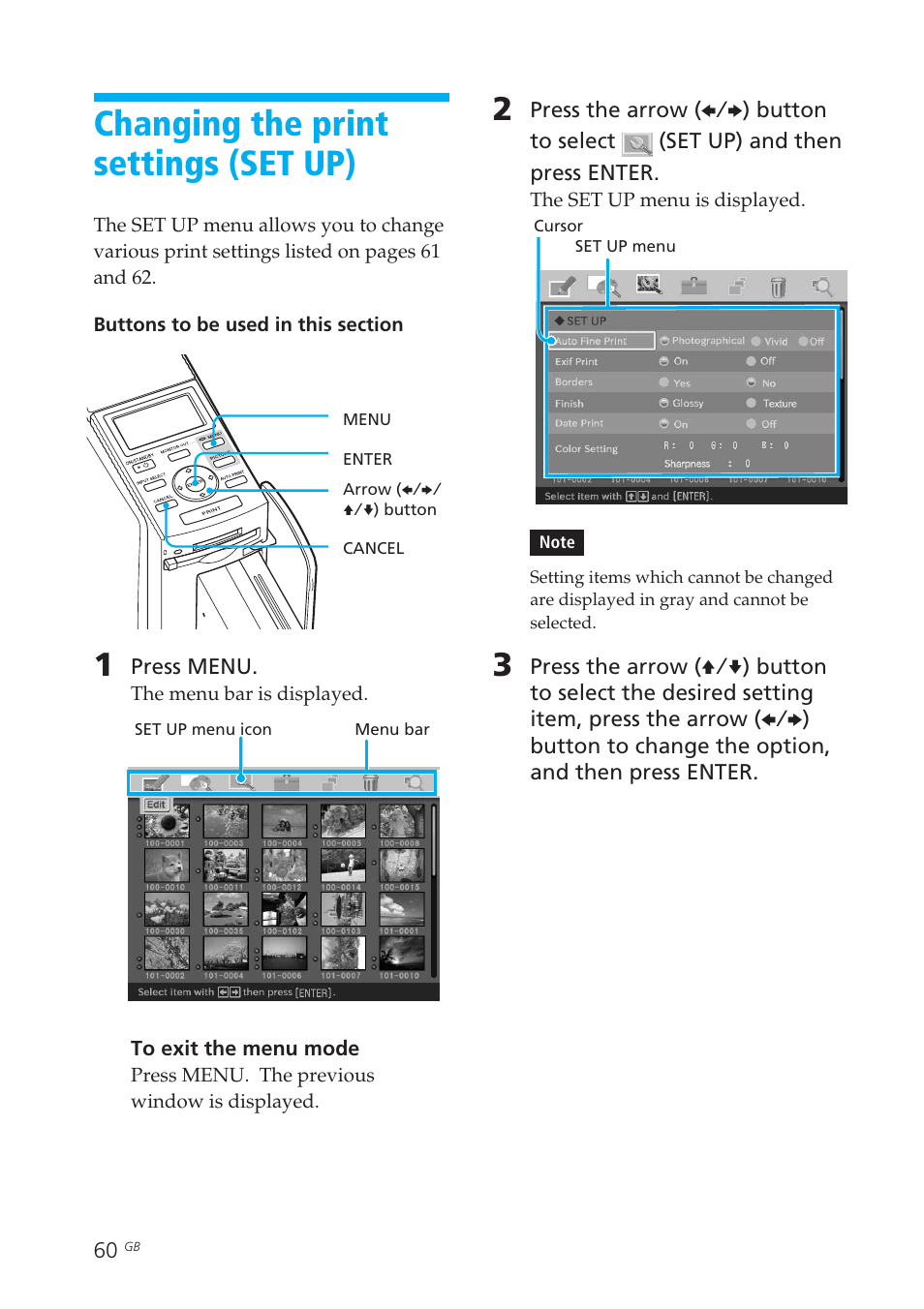 Changing the print settings (set up), Print settings (set up), Set up | Sony DPP-EX50 User Manual | Page 60 / 144