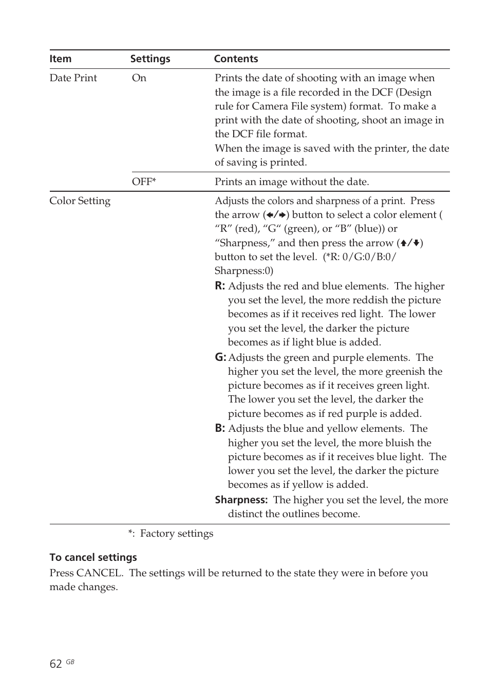 Color setting, Date print | Sony DPP-EX50 User Manual | Page 62 / 144