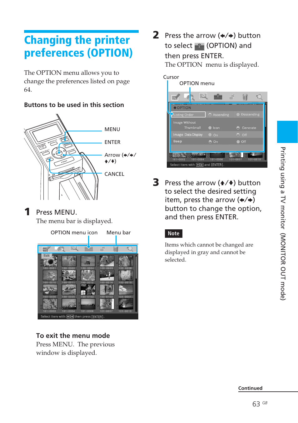 Changing the printer preferences (option), Option, Printer preferences (options) | Changing the printer preferences, Option) | Sony DPP-EX50 User Manual | Page 63 / 144