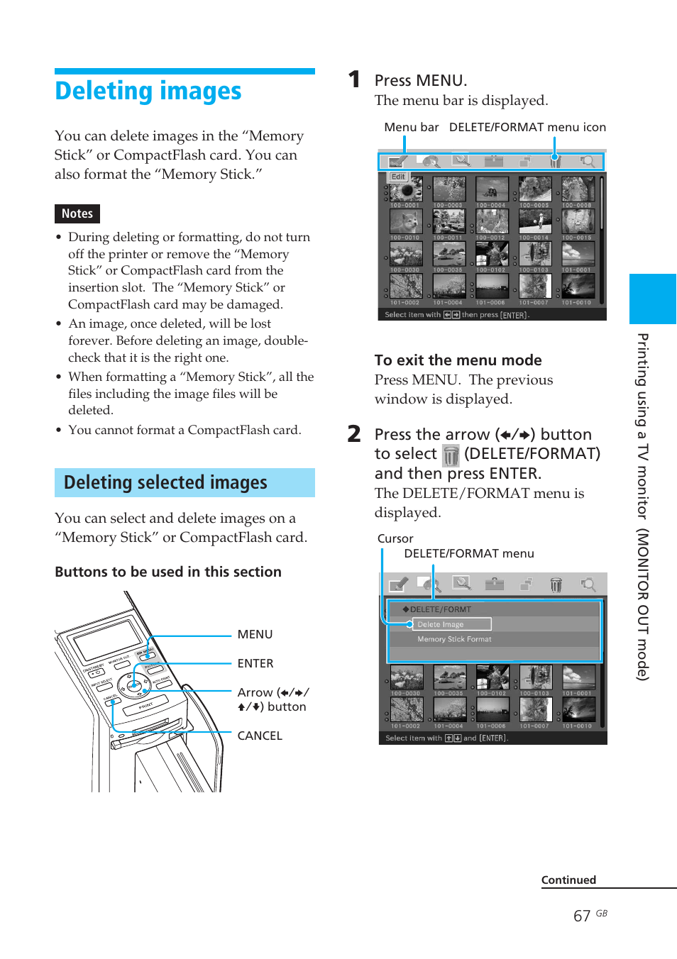 Deleting images, Deleting selected images, Deleting an image | Sony DPP-EX50 User Manual | Page 67 / 144