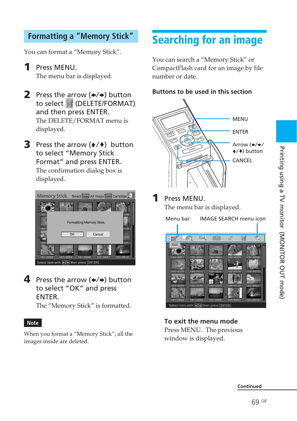 Formatting a “memory stick, Searching for an image, Formatting “memory stick | Searching an image | Sony DPP-EX50 User Manual | Page 69 / 144