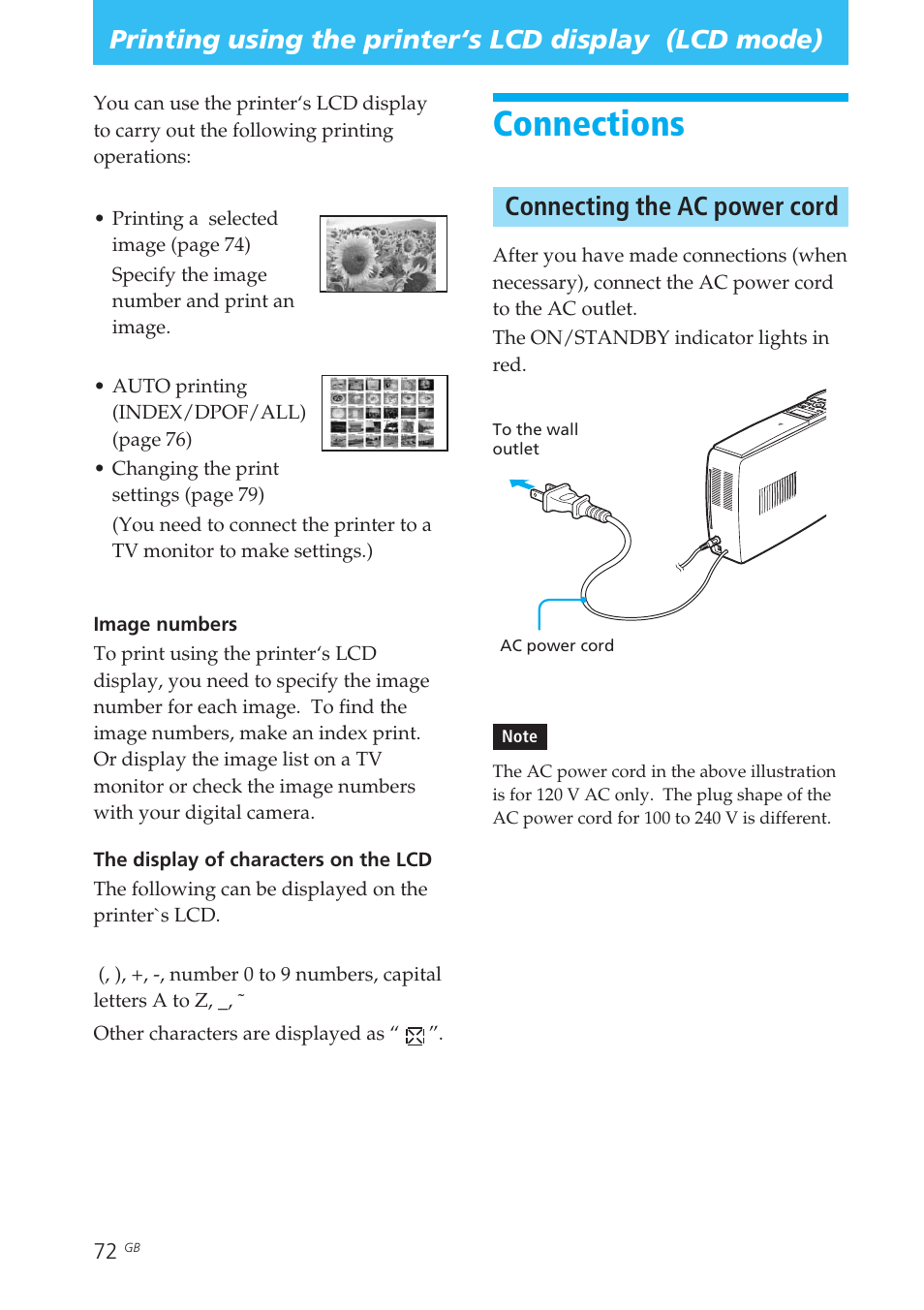 Connections, Connecting the ac power cord, Printing using the printer‘s lcd | Display (lcd mode) | Sony DPP-EX50 User Manual | Page 72 / 144