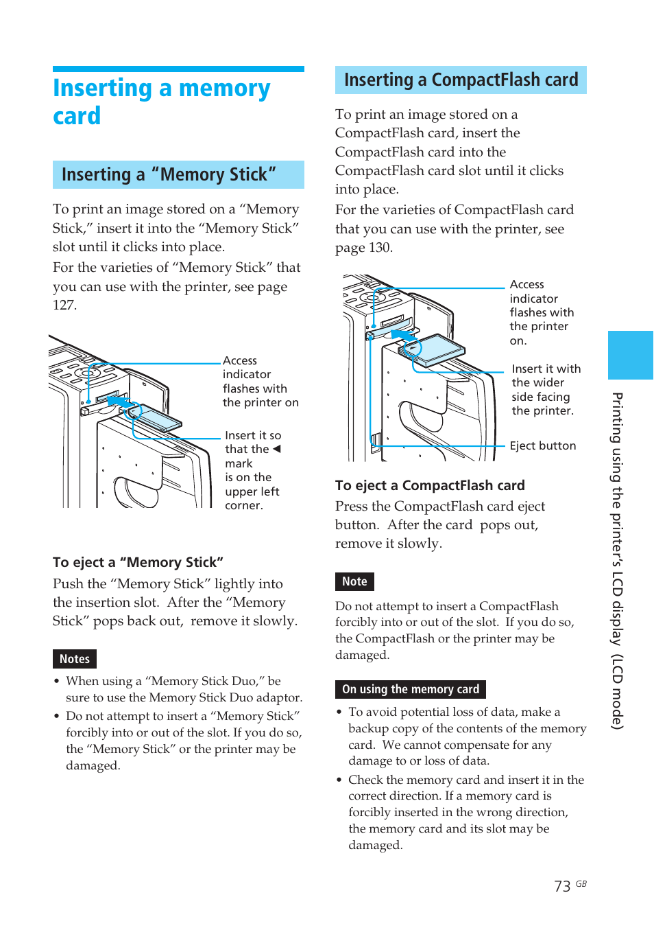 Inserting a memory card, Inserting a “memory stick, Inserting a compactflash card | Sony DPP-EX50 User Manual | Page 73 / 144