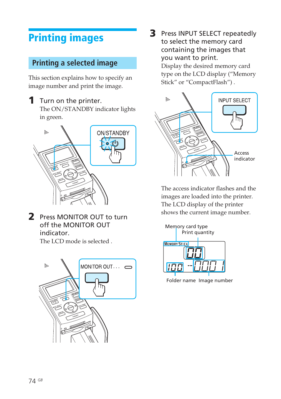 Printing images, Printing a selected image | Sony DPP-EX50 User Manual | Page 74 / 144