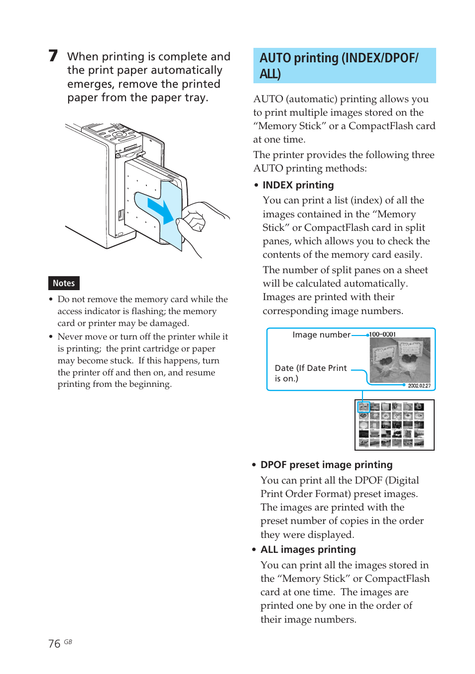 Auto printing (index/dpof/all), Auto printing (index/dpof/ all) | Sony DPP-EX50 User Manual | Page 76 / 144