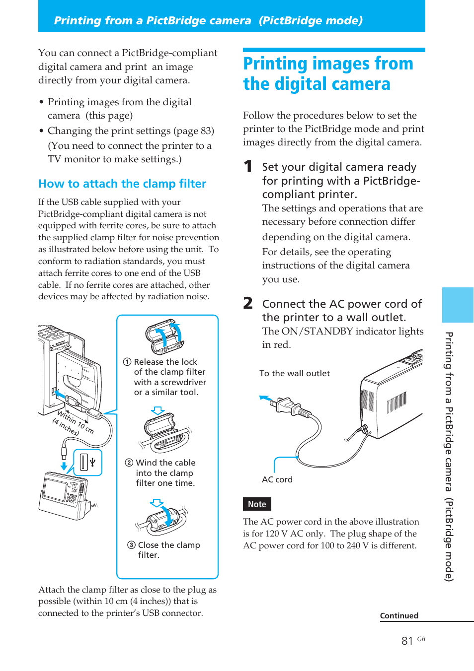 Printing images from the digital camera, From a pictbridge-compliant digital camera, Printing from a pictbridge | Camera (pictbridge mode), Printing images from the, Digital camera | Sony DPP-EX50 User Manual | Page 81 / 144