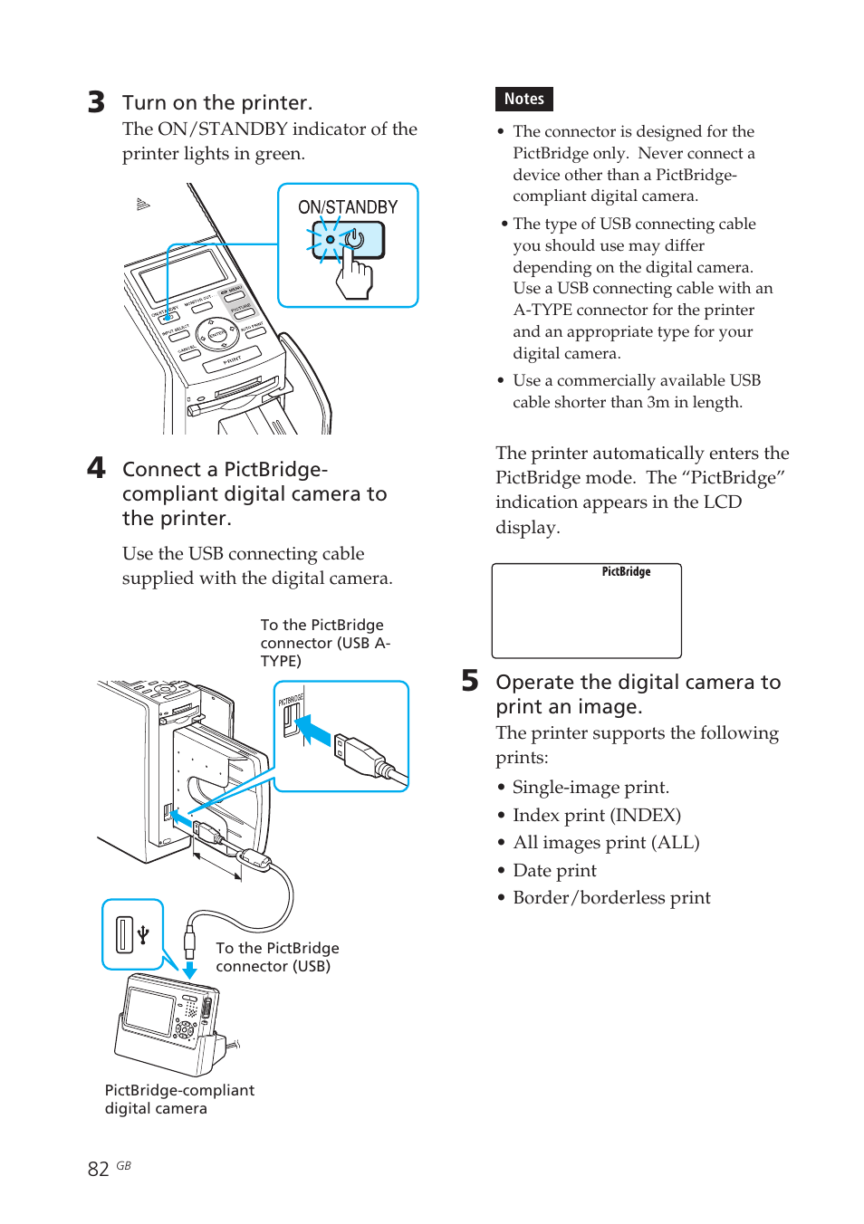 Pictbridge-compliant digital camera, Usb connector | Sony DPP-EX50 User Manual | Page 82 / 144