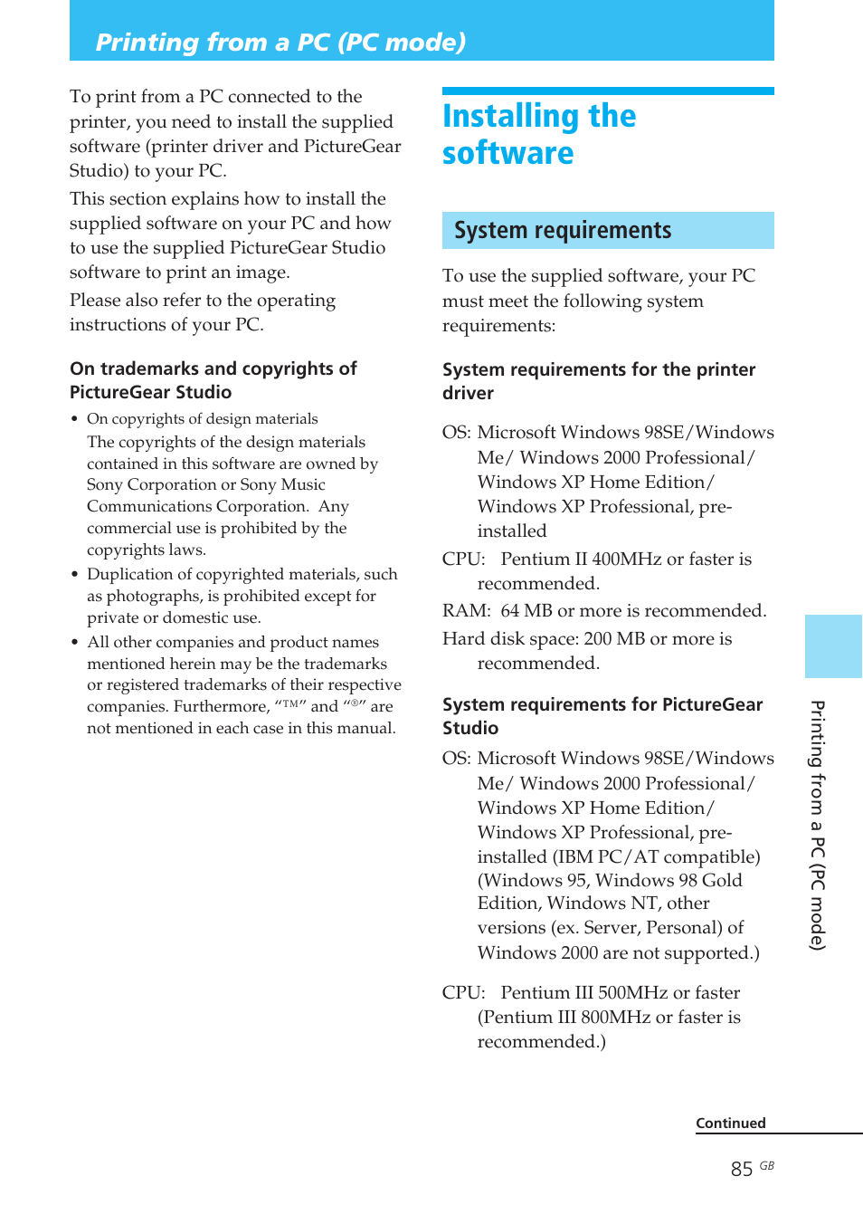 Printing from a pc (pc mode), Installing the software, System requirements | Sony DPP-EX50 User Manual | Page 85 / 144